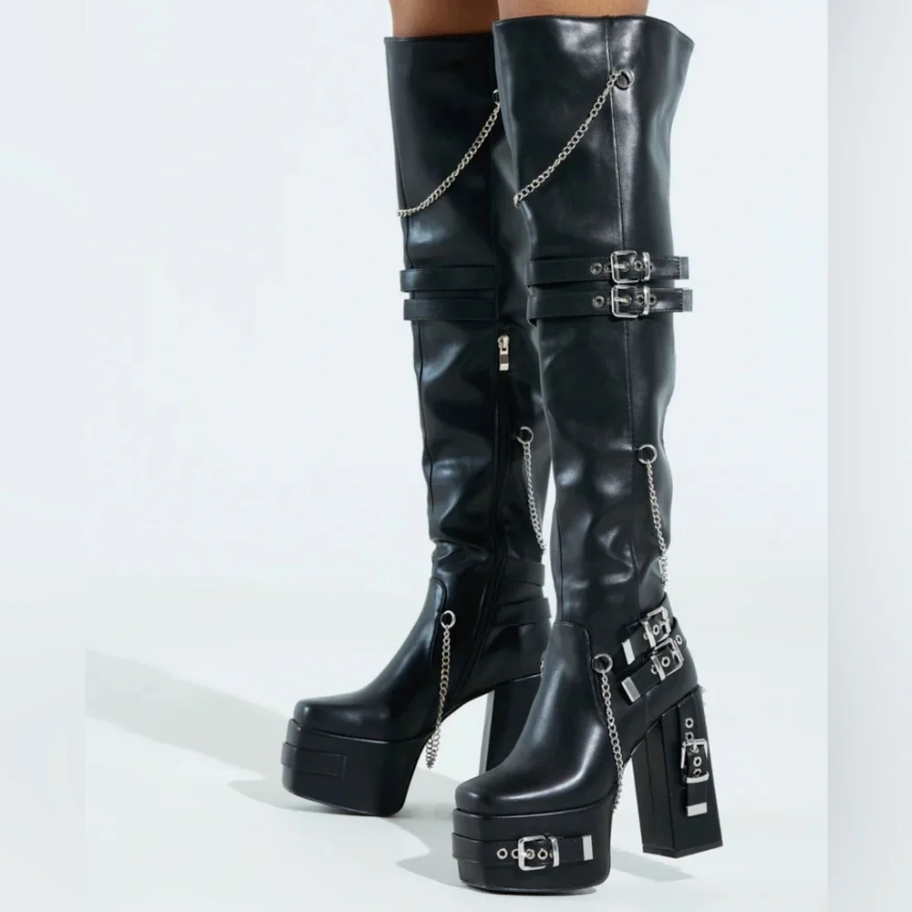 AZALEA WANG Black Leather Studded & Chain Over the Knee Block Heel Boots